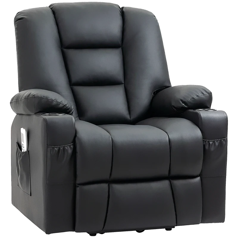 HOMCOM Poltrona relax com auxílio de elevação, USB, função de massagem, couro sintético, até 150 kg, 90x98x102 cm, Preto