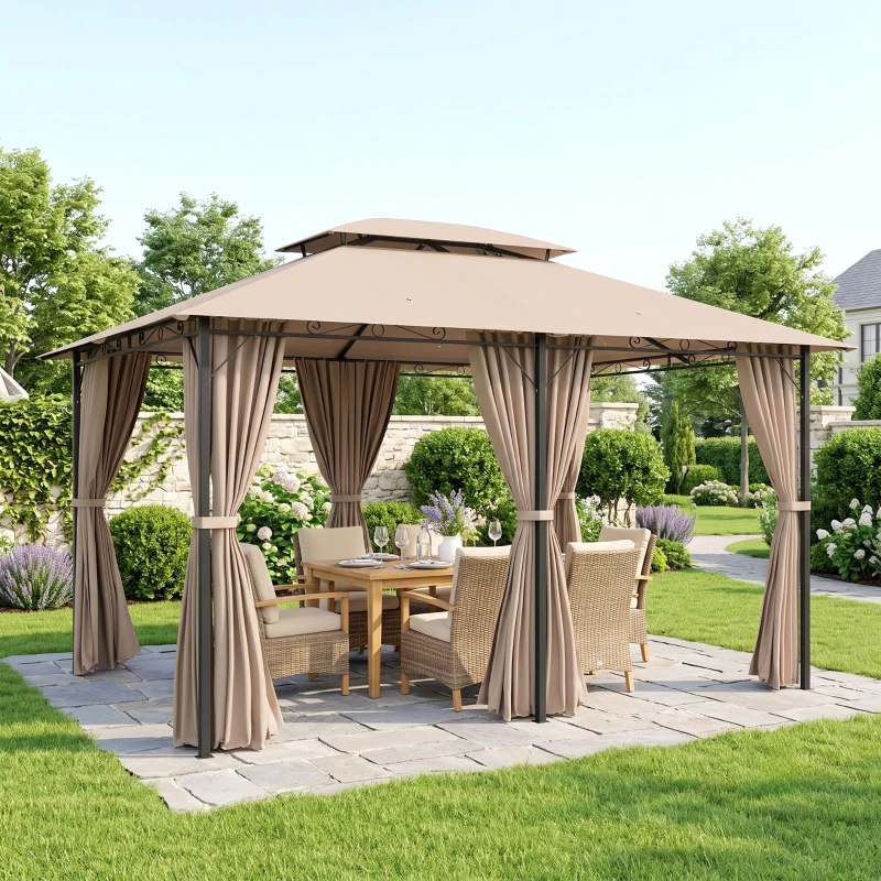 Outsunny Gazebo da Giardino 4x3m con Doppio Tetto e Tende Laterali in Acciaio e Poliestere, Color Cachi