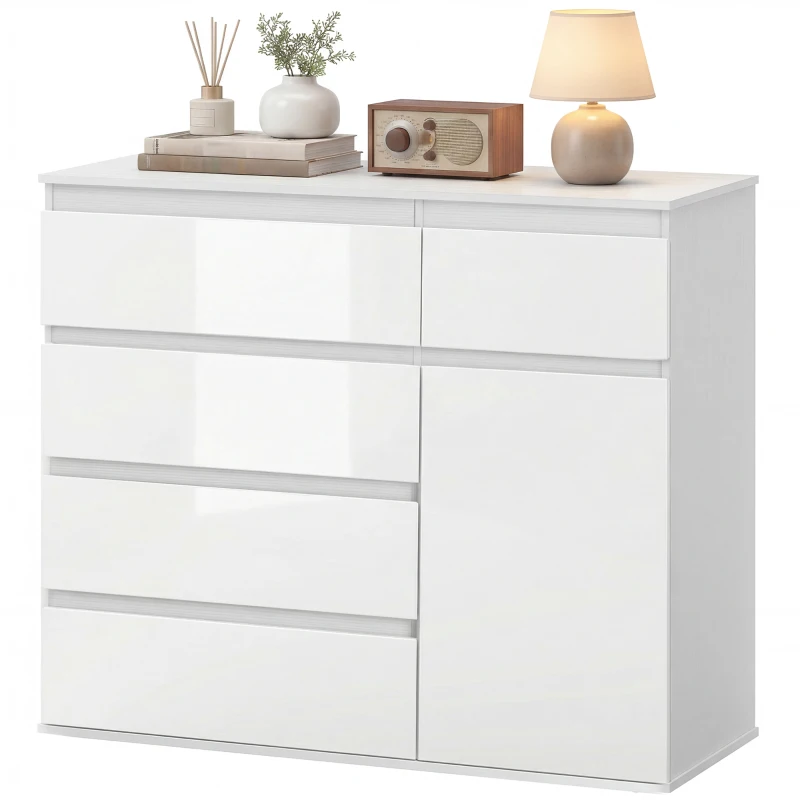 HOMCOM Modernes Sideboard, Stauraum-Sideboard mit 5 Schubladen, verstellbarem Regal, Soft-Close-Tür, Weiß Hochglanz