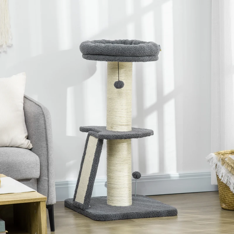 PawHut Arbre à chat avec griffoir tronc en sisal boules suspendues et plate-forme d'observation hauteur 92 cm - gris