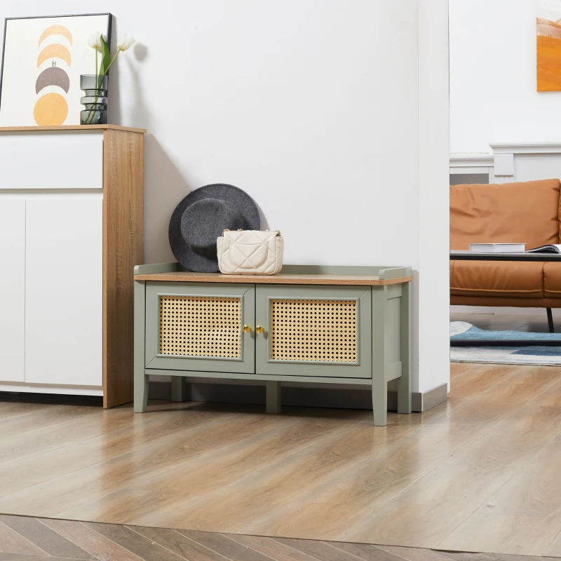 HOMCOM Sitzbank mit Stauraum, Schuhschrank mit Sitzbank, Rattangeflecht, Natur + Grün + Gold