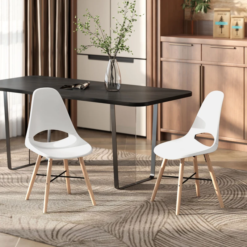 HOMCOM Set de 2 scaune de dining din plastic și lemn, stil nordic, cu spătar curbat, alb