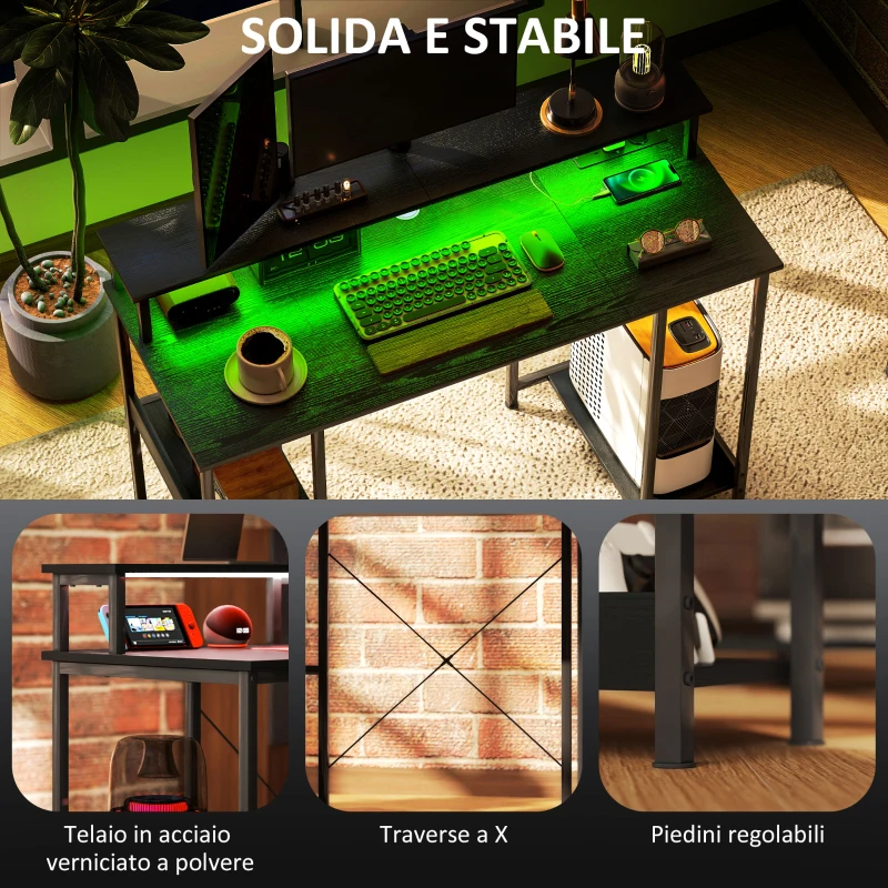 HOMCOM Scrivania per PC Reversibile con Prese Elettriche, Luci, Supporto Monitor e Scaffale, 120x50cm, Nero