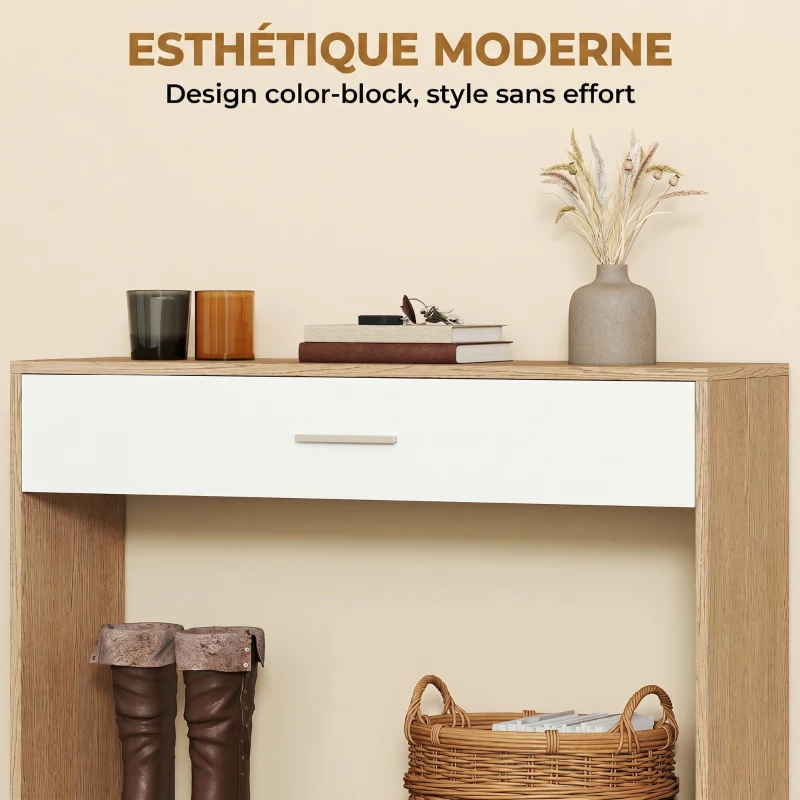 HOMCOM Console meuble + miroir, table console étroite avec tiroir et étagère, style moderne, 91,5 x 27,9 x 85,5 cm, chêne