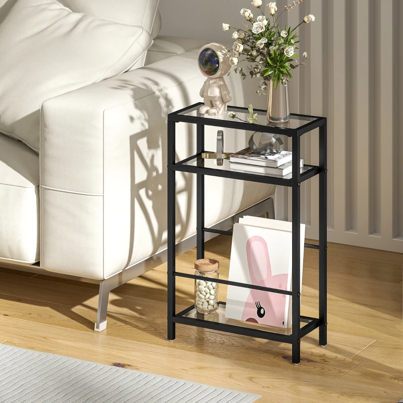 HOMCOM Măsuță de Cafea cu 3 Rafturi Compactă din Sticlă și Oțel, 40x18x62 cm, Negru