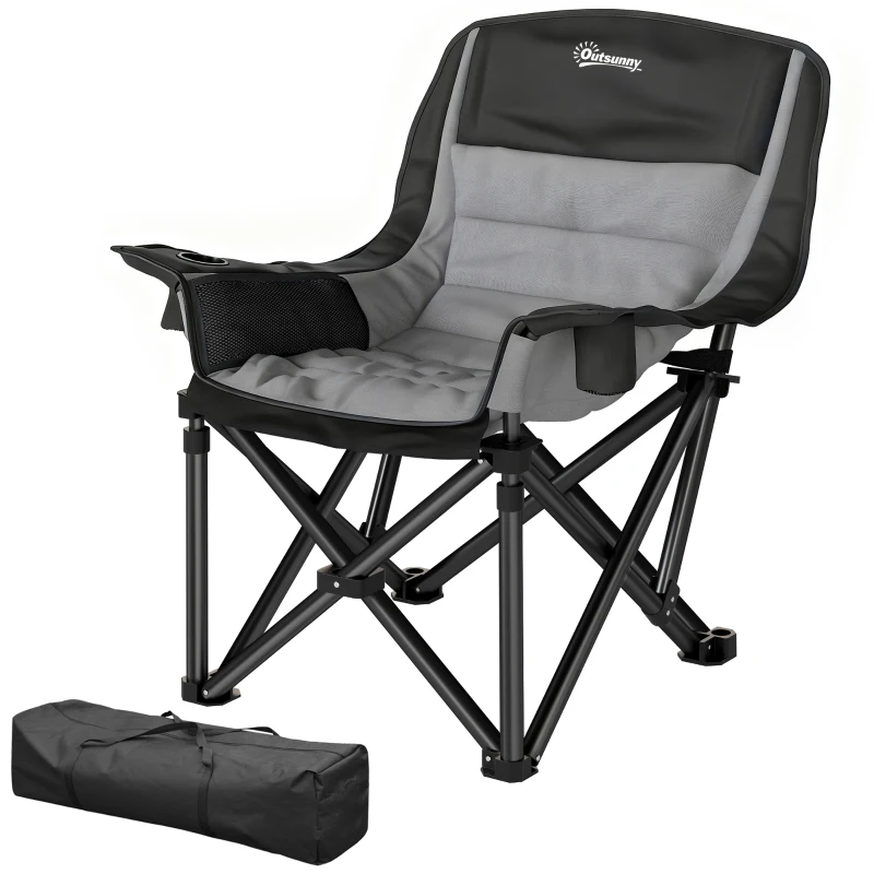 Outsunny Scaun de camping pliabil cu 2 suporturi pentru pahare și buzunare laterale, 99x71x103 cm, gri și negru