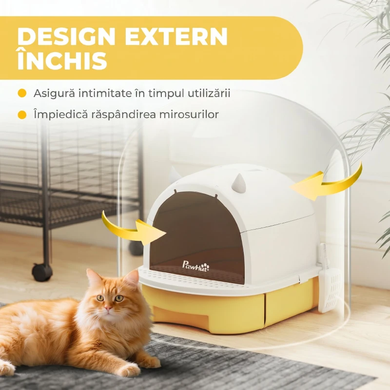 PawHut Litieră Închisă pentru Pisici cu Sertar Extensibil, Mâner, Lopățică și 2 Filtre cu Carbon Activ, Galben