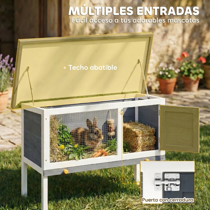 PawHut Conejera de Madera, Jaula para Conejos Medianos con Techo Asfáltico Abatible Bandeja Extraíble Puerta con Pestillo Gris