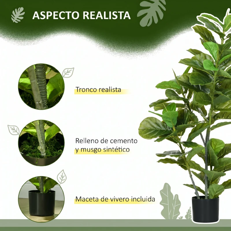 HOMCOM Pack de 2 Ficus Artificiales 110 cm Plantas Artificiales con 90 Hojas Musgo y Maceta para Interior Verde