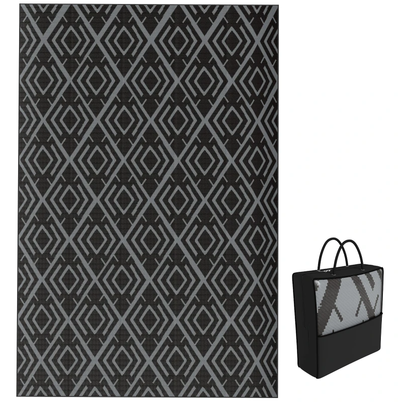 Outsunny Tapis d'extérieur réversible 1,8 x 2,7 m, en PP résistant aux intempéries, sac de transport inclus, noir et gris