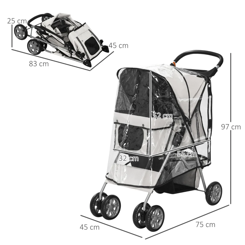 PawHut Pet Stroller for Small Miniature Dogs, Cats, Foldable Travel Carriage with Wheels Zipper Entry, Cup Holder, Storage Basket - Grey