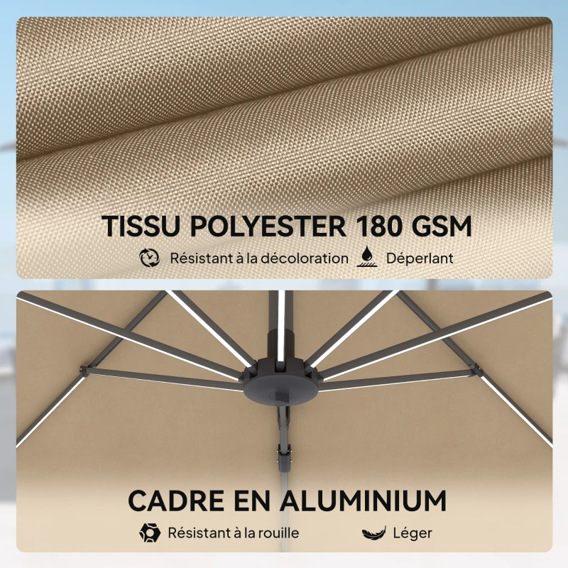 Outsunny Parasol déporté octogonal parasol LED solaire inclinable pivotant manivelle piètement aluminium dim. Ø 3 x 2,55H m beige