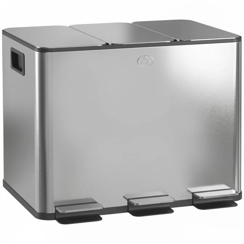 HOMCOM Coș de Gunoi cu 3 Compartimente de 20L cu Închidere Silențioasă, din Oțel Inoxidabil și PP, 61.9x36.6x56.7 cm