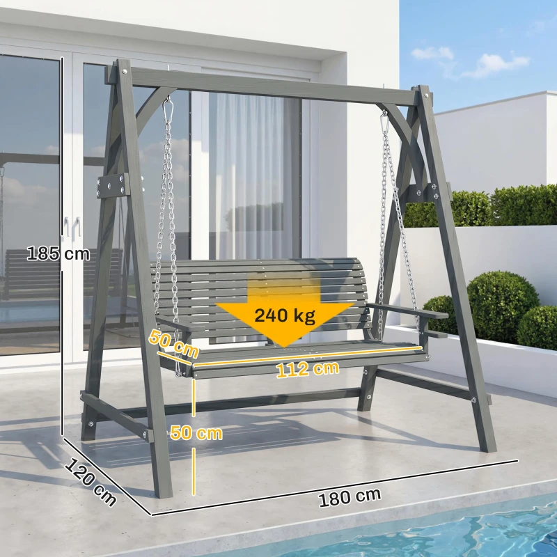 Outsunny 2 Seater Garden Swing Seat, Wooden Swing Chair Bench with Cup Holders for Outdoor Porch Patio, Grey