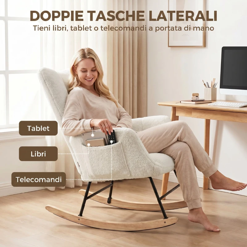 HOMCOM Sedia a Dondolo Imbottita con Tasche Laterali e Schienale Alto in Velluto Teddy, Bianco Crema