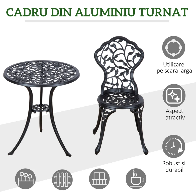 Outsunny Set de Grădină 3 Piese cu 2 Scaune de Exterior și Masă Rotundă din Aluminiu, Negru