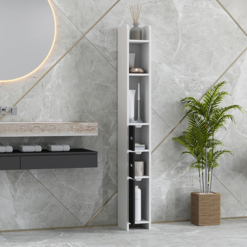 kleankin Colonna Bagno con 3 Mensole e 3 Armadietti, in Legno, 15x17x120 cm, Bianco e Nero