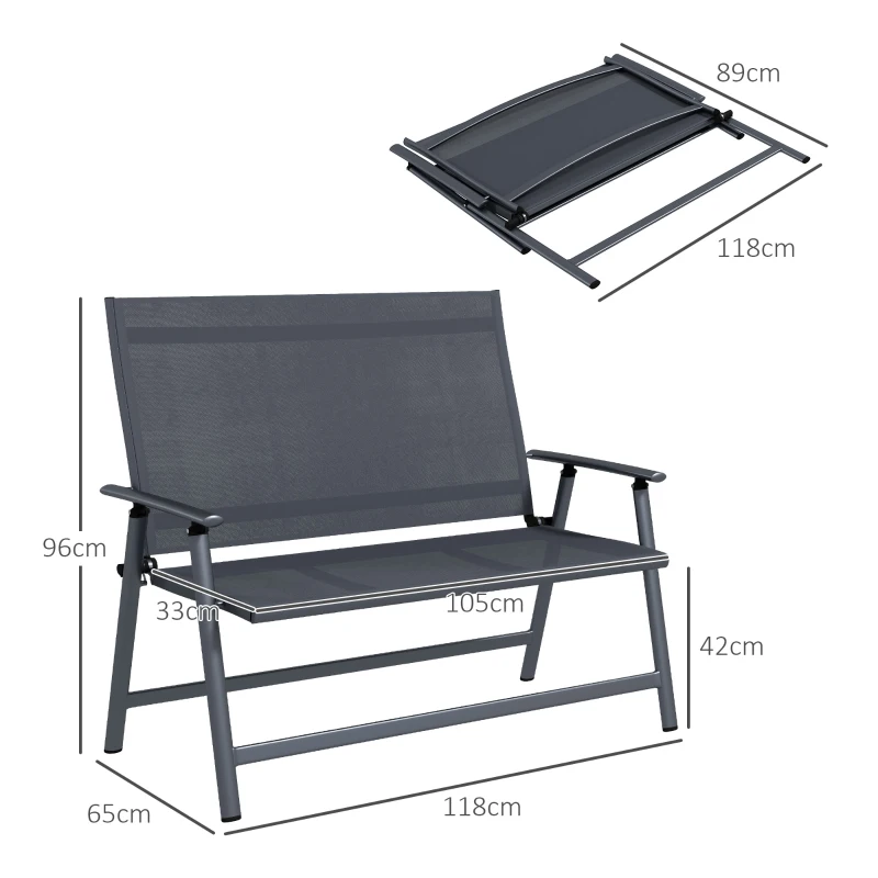 Outsunny Sedia Pieghevole a 2 Posti con Seduta Traspirante, in Acciaio e Tessuto a Rete, 118x65x96 cm, Grigio
