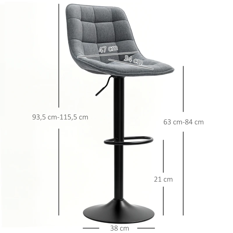 HOMCOM Moderner Barhocker, 2er-Set drehbare Barstühle mit Rückenlehne, höhenverstellbar, mit Fußstütze, gepolstert, Dunkelgrau