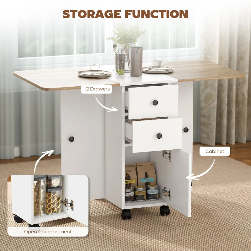 HOMCOM Multi-Storage Six-Person Drop Leaf Dining Table -  Oak and White