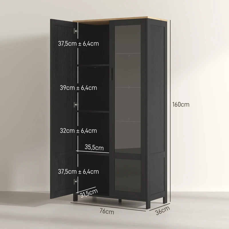 HOMCOM Mobile Dispensa Cucina in Legno a 9 Ripiani Regolabili con Ante in Vetro, 76x36x160 cm, Nero e color Legno