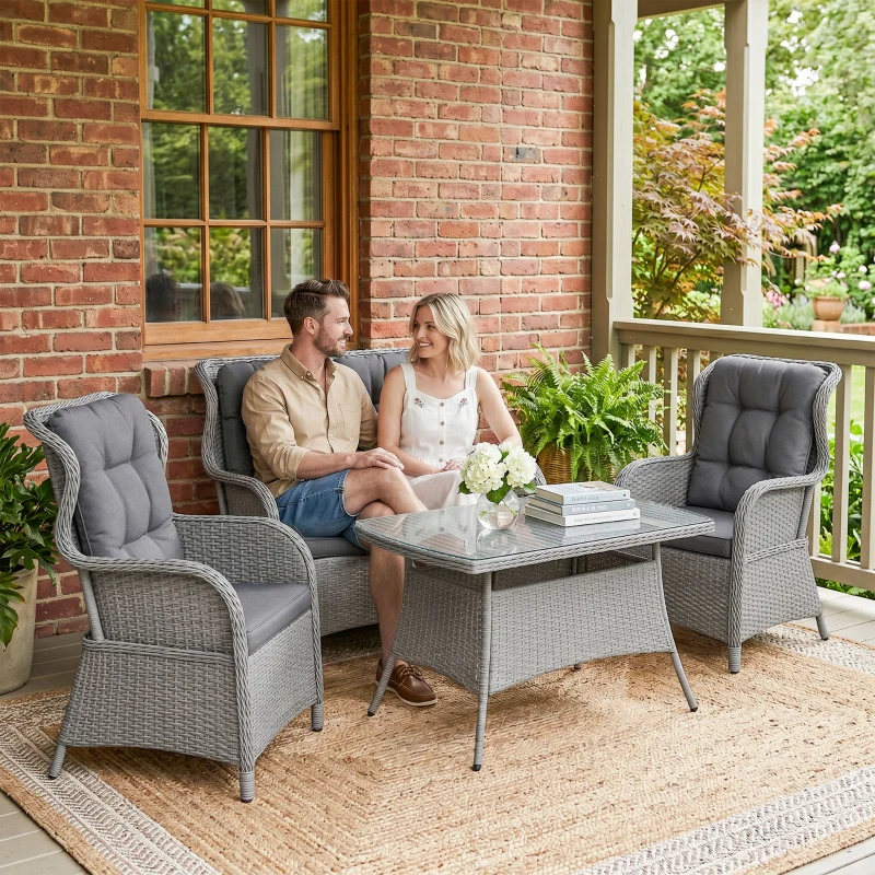 Outsunny Garden PE Rattan Dining Sofa Set, Outdoor 4 Seater Wicker Furniture, High Back Chairs with Cushions, Tempered Glass Coffee Table for Patio, Light Grey