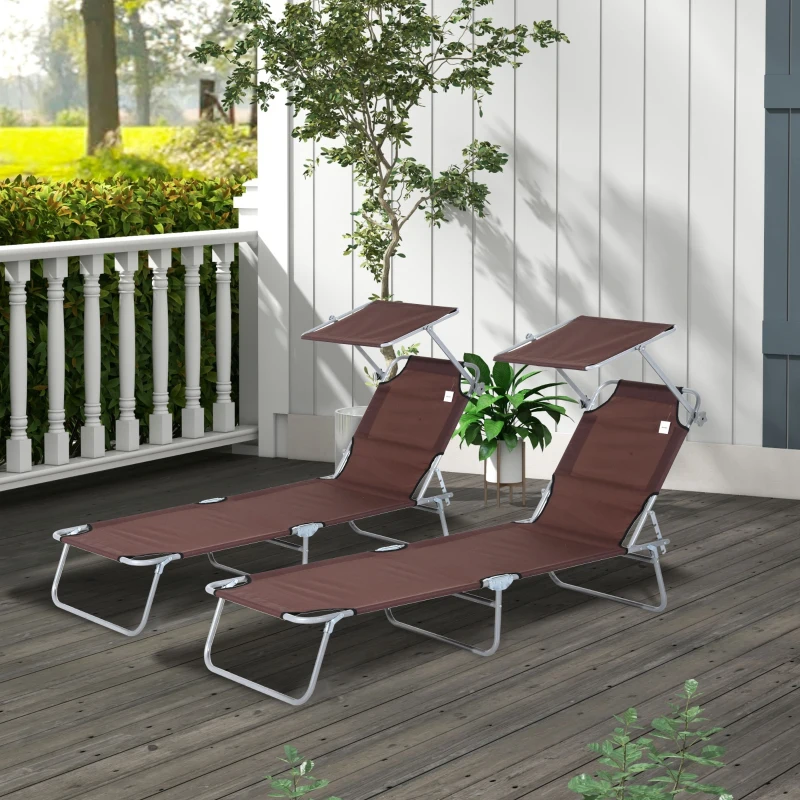 Outsunny Conjunto de 2 Tumbonas Plegables con Toldo Desmontable Respaldo Ajustable en 5 Niveles 187x58x36 cm Marrón