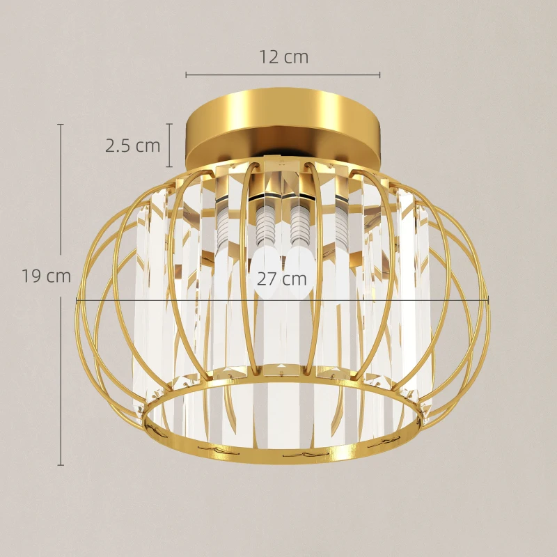 HOMCOM Plafonieră LED Modernă și Minimalistă cu Structură Tip Cușcă și 18 Cristale, din Metal Auriu, Ø27x19 cm