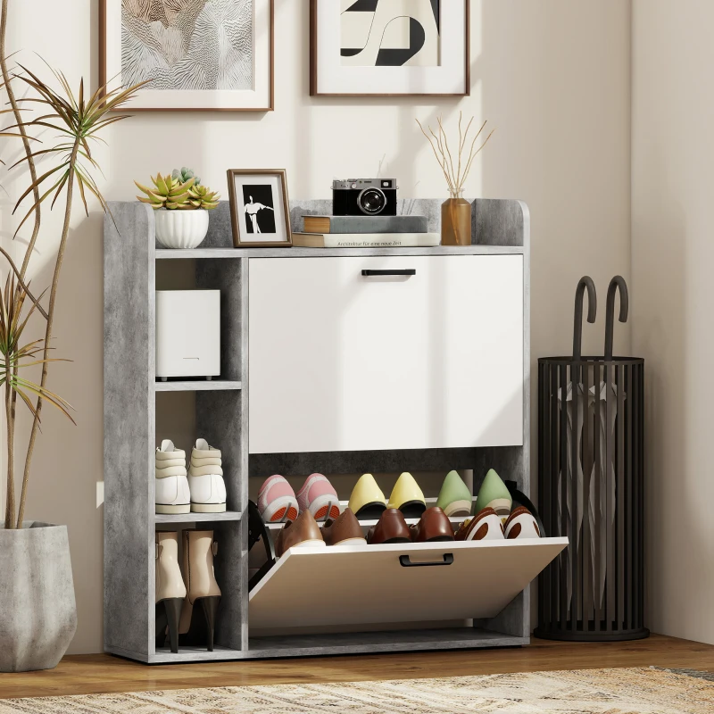 HOMCOM Scarpieră Slim cu 2 Sertare Rabatabile și 3 Compartimente Deschise, Capacitate 15 Pantofi, 83x24x90.5 cm, Gri