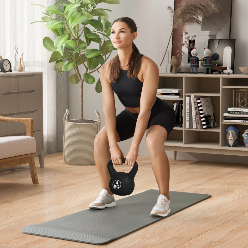 HOMCOM Kettlebell 4kg din plastic și nisip cu bază plată și mâner, 18x12x20 cm, negru