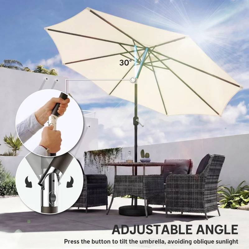 Outsunny 2.7 m Garden Parasol Umbrella with Cross Base and Sandbag, Retractable Ribs, Outdoor Table Market Umbrella, Cream White