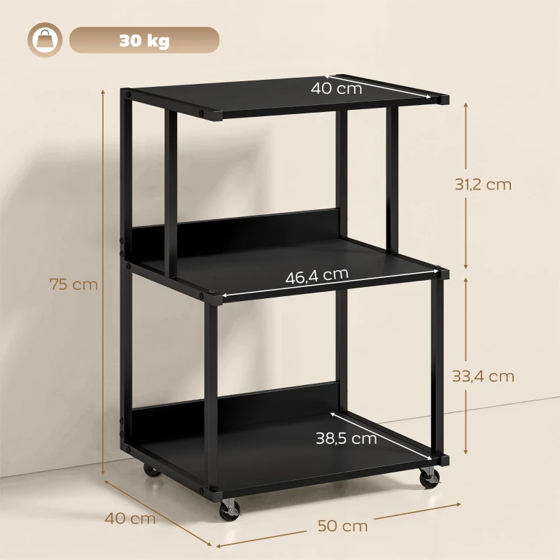 HOMCOM supporto stampante 3 livelli con ruote, tavolino industriale metallo ufficio, nero.