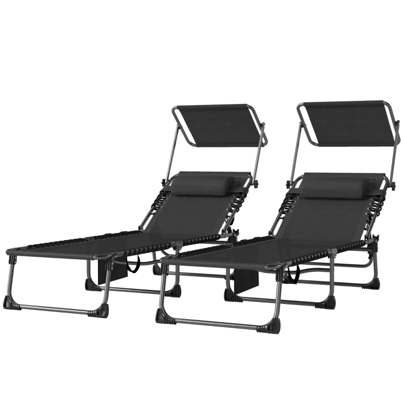 Outsunny Set de 2 Tumbonas Plegables con Reposacabezas Parasol Bolsillo Lateral y Respaldo Reclinable en 5 Posiciones Negro