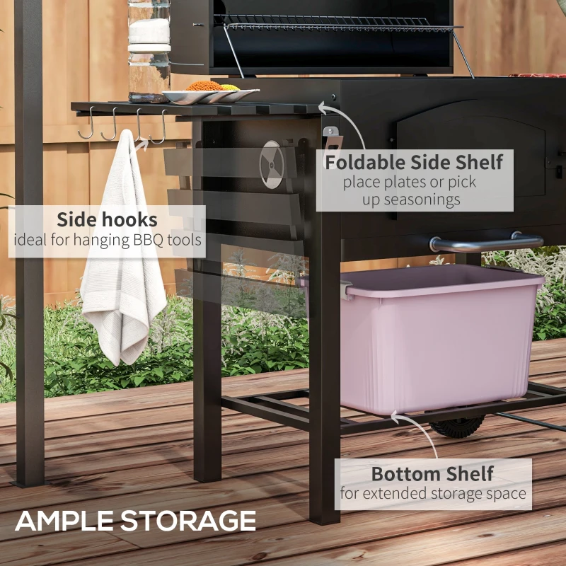 Outsunny Charcoal Grill BBQ Trolley with Adjustable Charcoal Height, Charcoal Stove for Pot, Garden Smoker Barbecue with Folding Shelves, Thermometer on Lid, Bottle Opener and Wheels