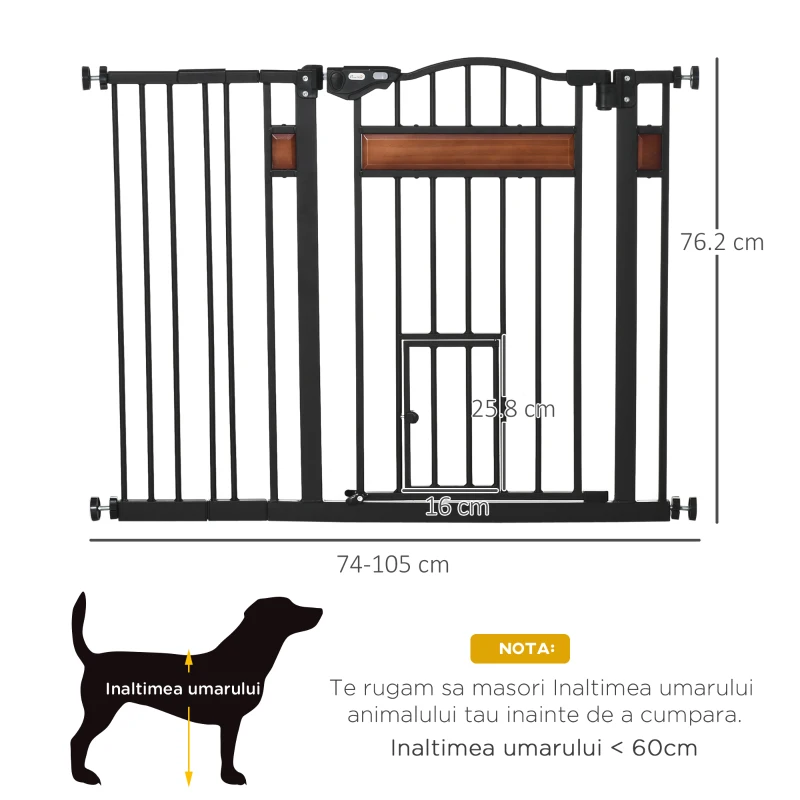 PawHut Poartă pentru câini de talie medie și mică cu închidere automată, 74-105x76,2 cm, negru