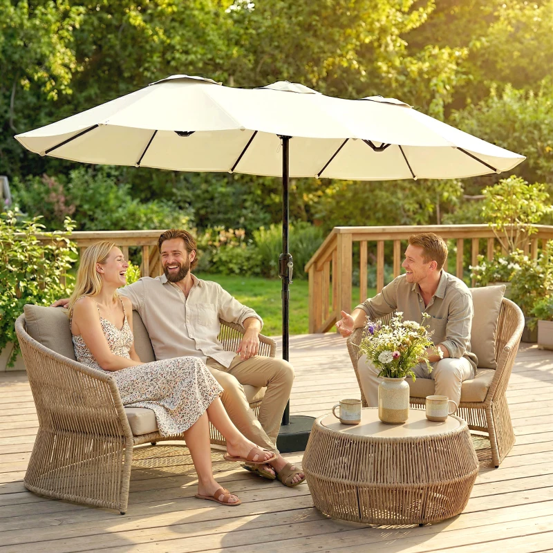 Outsunny Ombrellone Doppio a 12 Stecche con Manovella, Base a Croce e Sacchi, in Metallo e Poliestere, 3x1.5 m, Beige