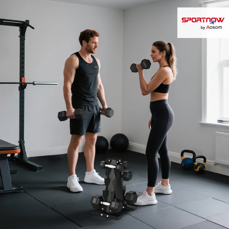 SPORTNOW Set Gantere Hexagonale pentru Sală cu Suport și Mânere Antialunecare, 2x2kg, 2x5kg, 2x8kg, 2x10kg, Negru
