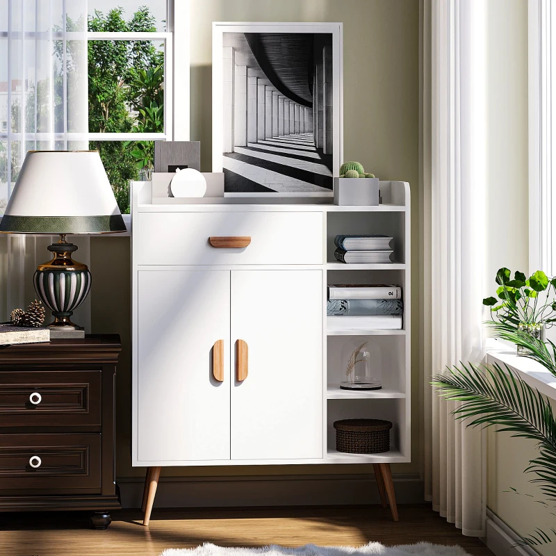 HOMCOM Kommode Sideboard Schubladenkommode Highboard Schrank Anrichte Schuhschrank mit 1 Schubladen 2 Türen 3 Fächern Weiß 80 x 29,5 x 96 cm