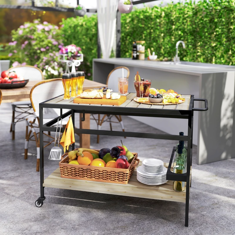Outsunny Desserte de jardin chariot pour plancha en bois et métal 2 étagères 3 crochets 107 x 65 x 80 cm noir naturel
