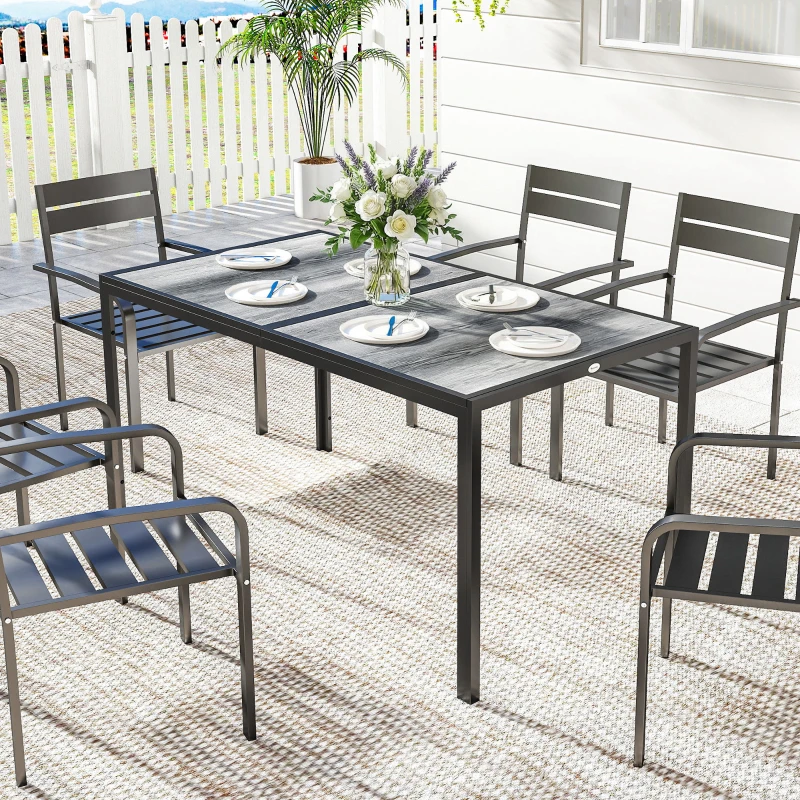 Outsunny Tavolo da Giardino 4-6 Persone con Piano Effetto Legno, in Acciaio e Plastica PSPC, 150x80x74 cm, Grigio e Nero