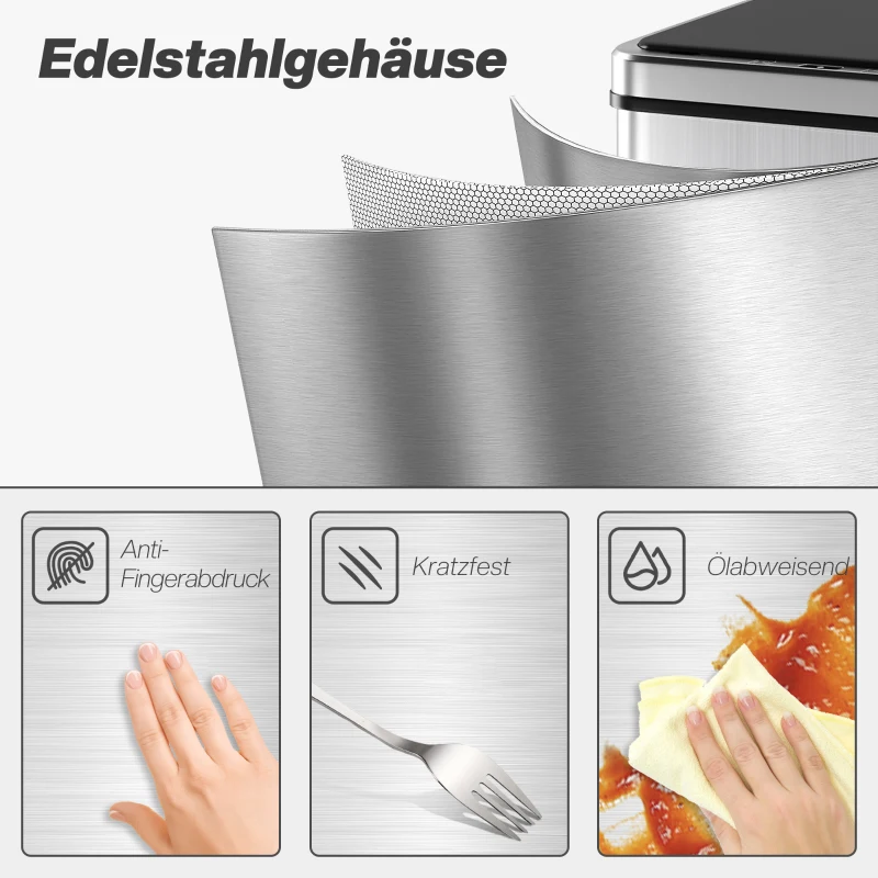 HOMCOM Sensor Mülleimer 50L Edelstahl Automatischer Mülleimer mit Soft-Close-Deckel Bewegungssensor 35,5 x 26 x 67 cm Silber