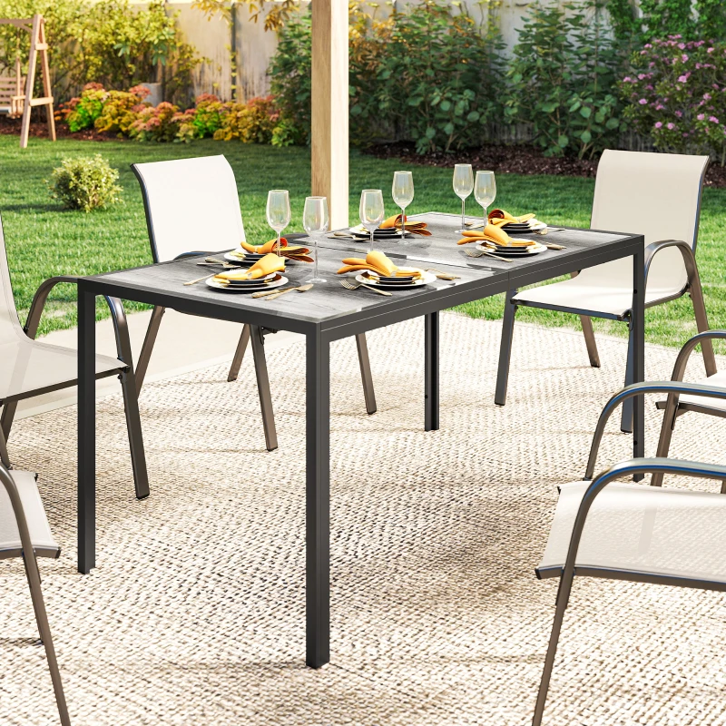 Outsunny Tavolo da Giardino 4-6 Persone con Piano Effetto Legno, in Acciaio e Plastica PSPC, 150x80x74 cm, Grigio e Nero