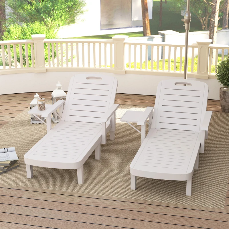 Outsunny Set 2 Șezlonguri cu Spătar Reglabil în 5 Poziții, Măsuță și Brațe Ergonomice, 79x158x88 cm, Alb