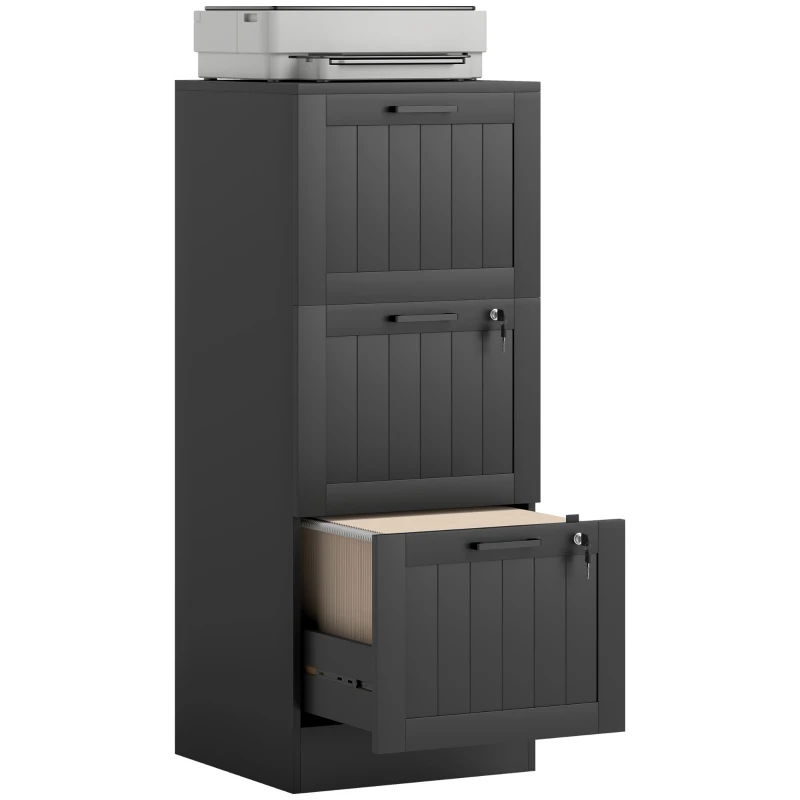 HOMCOM Caisson bureau, meuble rangement bois 3 tiroirs et serrure, barres de suspension réglables, 40 x 40 x 101 cm, noir