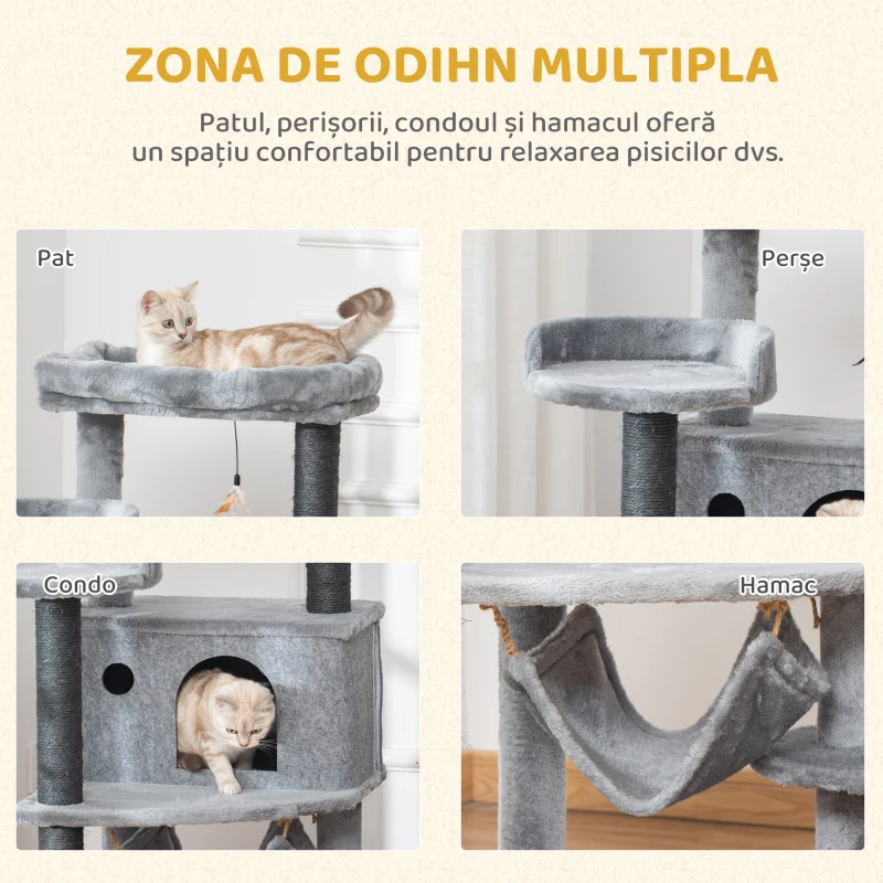 PawHut Arbore Răzuitoare pentru Pisici 48x48x107 cm Turn pentru Pisici cu Cavernă de Fetru Demontabilă Hamacă Paturi Platforme Gri