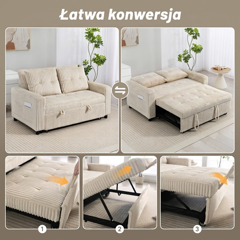 HOMCOM 2-osobowa sofa z funkcją spania, wykończenie kordem, przekształcalna w sofę z funkcją spania, 2 poduszki, uchwyty na kubki, boczne kieszenie, 157 x 190 cm, kremowa