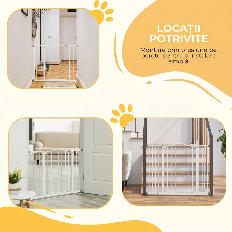 PawHut Poartă pentru câini extensibilă cu 4 șuruburi reglabile, din metal și plastic, 74-100x78 cm, alb