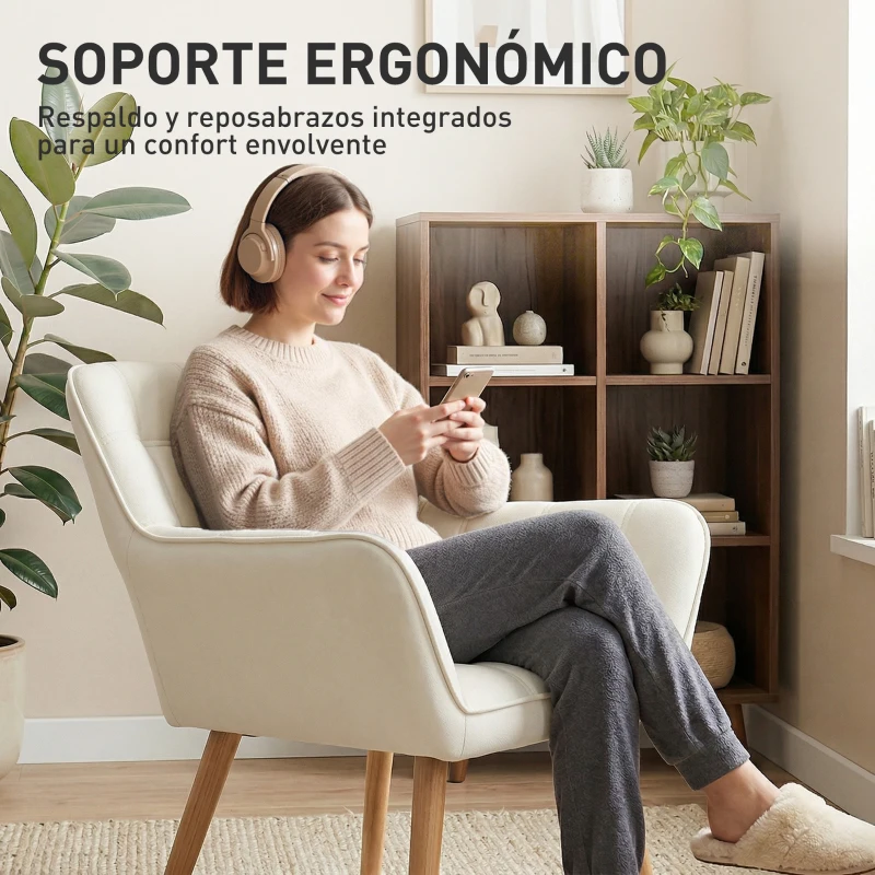 HOMCOM Butaca de Salón Moderna Tapizado en Terciopelo con Patas de Madera Sillón Relax para Sala de Estar Crema
