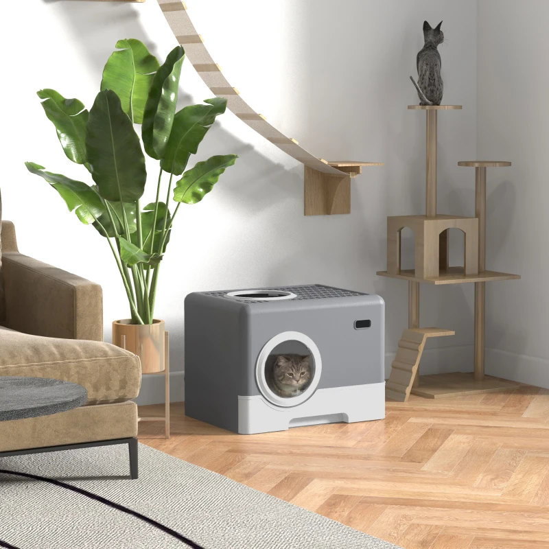 PawHut Lettiera per Gatti con Coperchio e Paletta, Doppio Ingresso e Vassoio Estraibile, 52x41x38.5 cm, Grigio