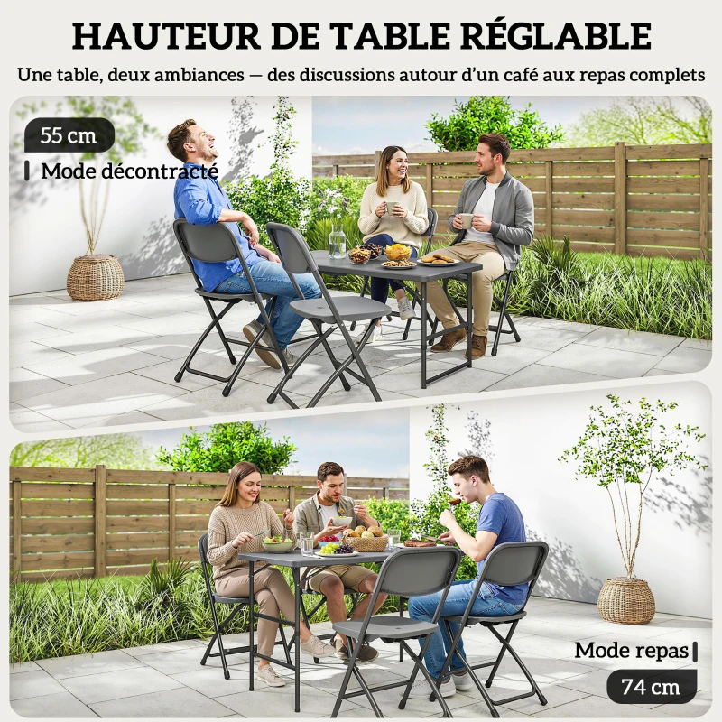 Outsunny Salon de jardin extérieur table de jardin extérieure avec 4 chaises pliables table réglable en hauteur 118 cm gris foncé